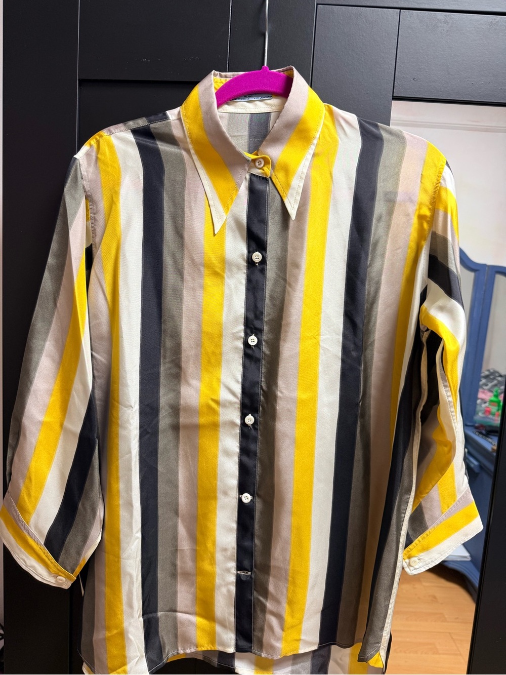 Prada  Vertical Stripe Button-Down Shirt in Yellow, Black & Gray
